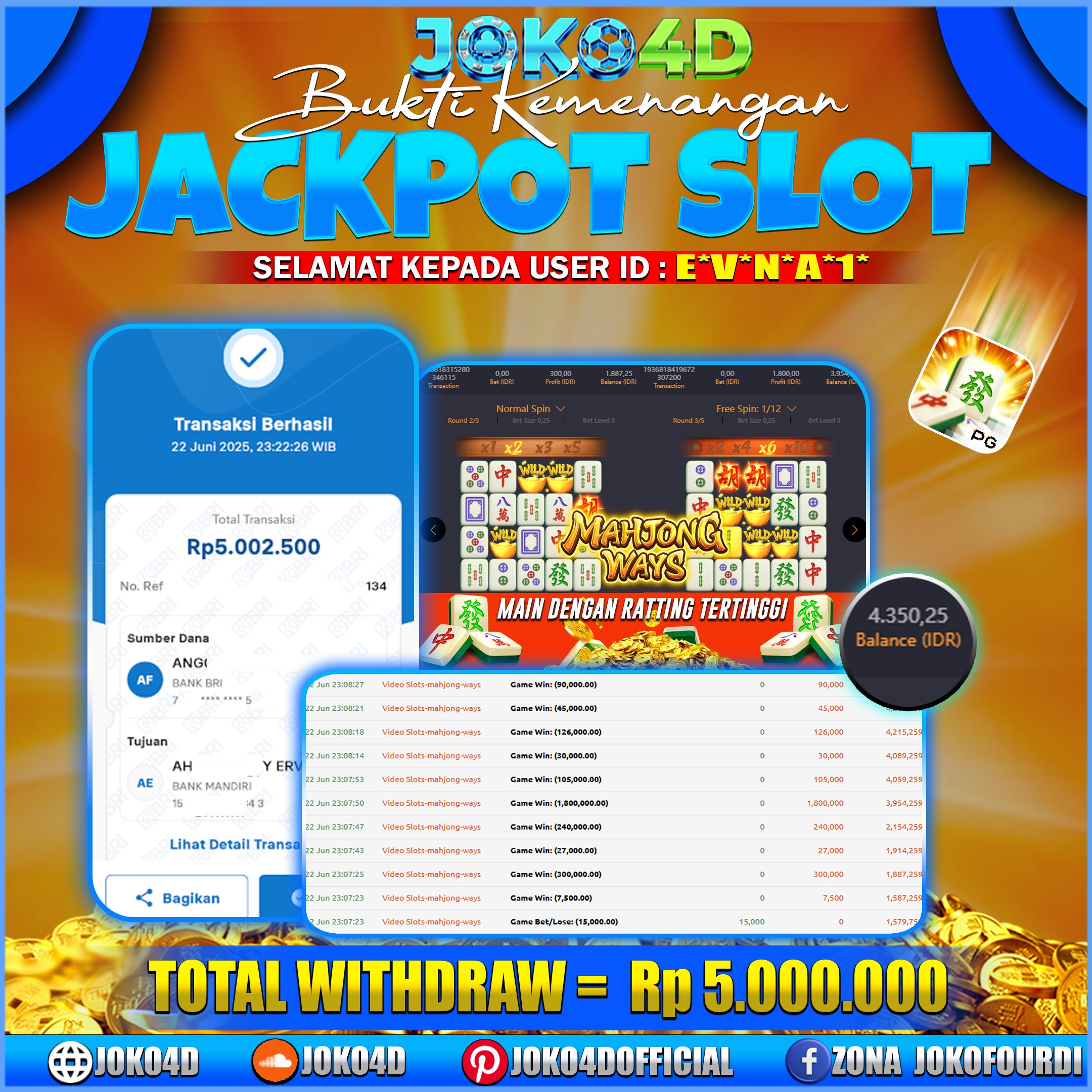 BUKTI KEMENANGAN SLOT GACOR JOKO4D MAHJONG WAYS MAIN PASTI PROFIT BRAYYY  22 JUNI 2025