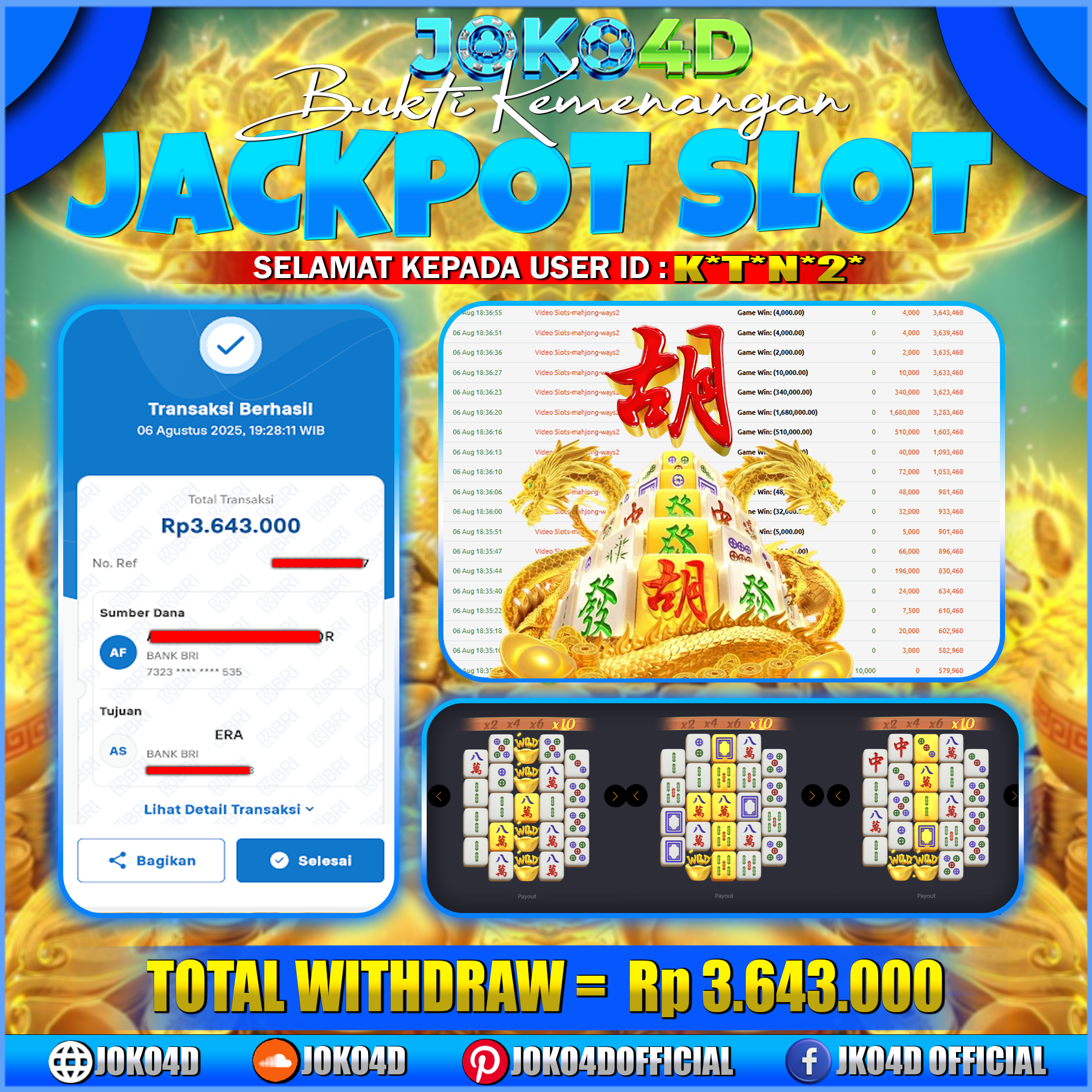 BUKTI KEMENANGAN SLOT GACOR JOKO4D COMBO MAHJONG WAYS 2 BANJIR SCATTER BRAYY  06 AGUSTUS 2025