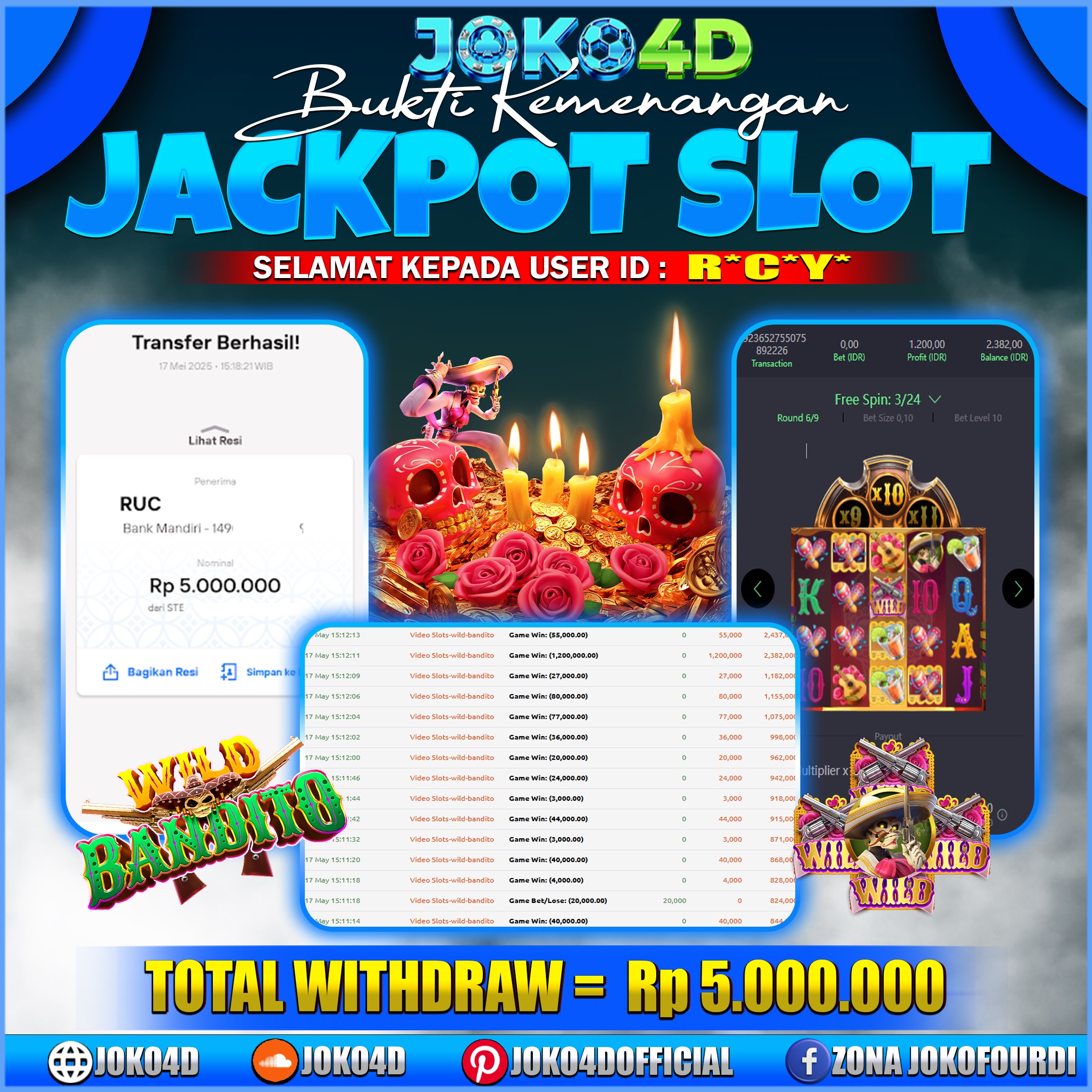 BUKTI JACKPOT SLOT JOKO4D WILD BANDITO VIRAL PECAH BERUNTUN AUTO CUAN 17 MEI 2024