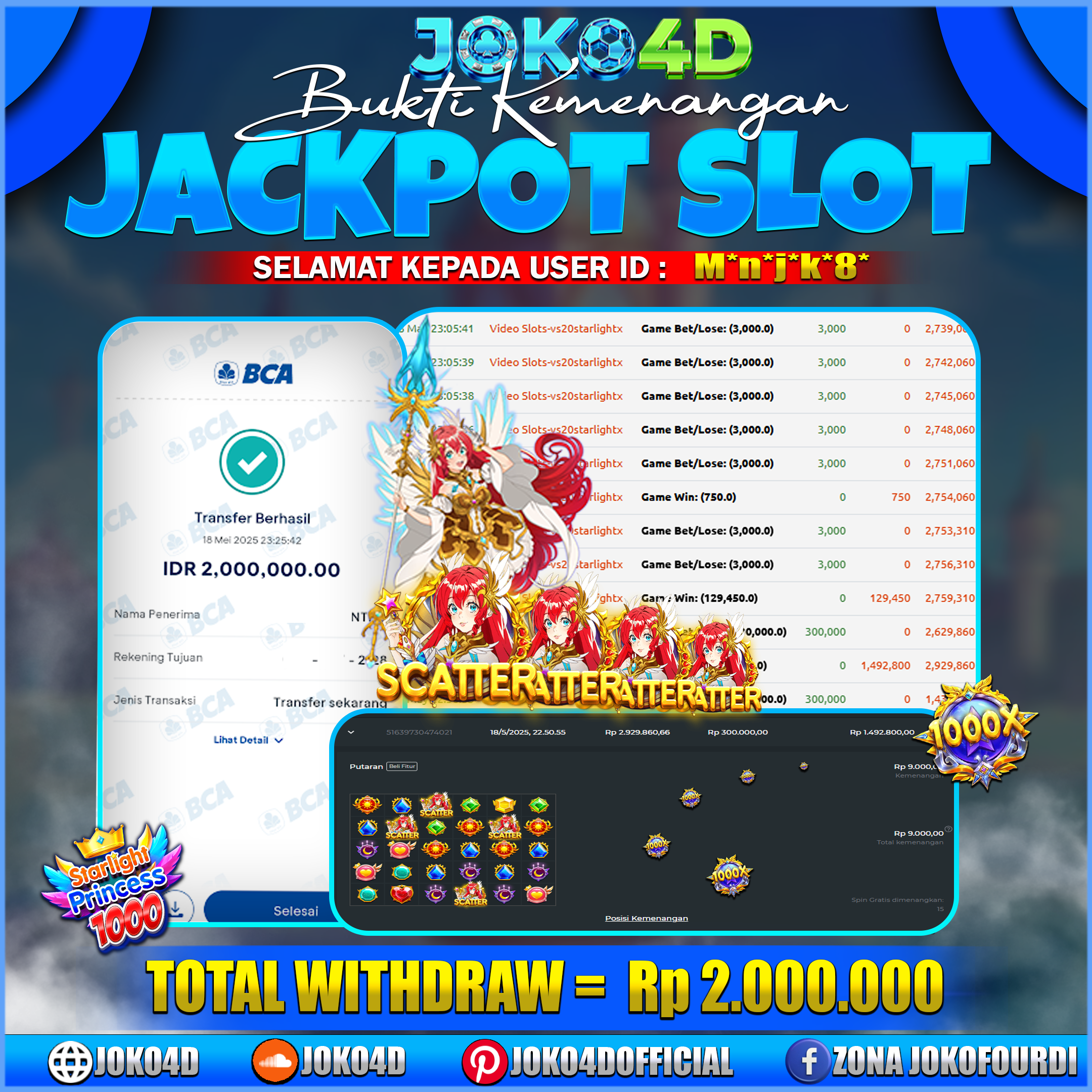 BUKTI JACKPOT SLOT GACOR JOKO4D PRINCESS STARLIGHT CUAN MAIN PASTI PROFIT 18 MEI 2025