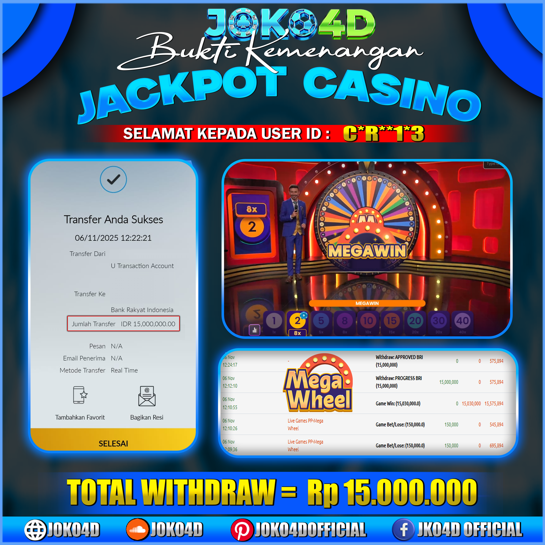 BUKTI KEMENANGAN LIVE CASINO GACOR JOKO4D MEGA WHEEL MELEDAK JUTAAN BRAYYYY  06 OCTOBER2025