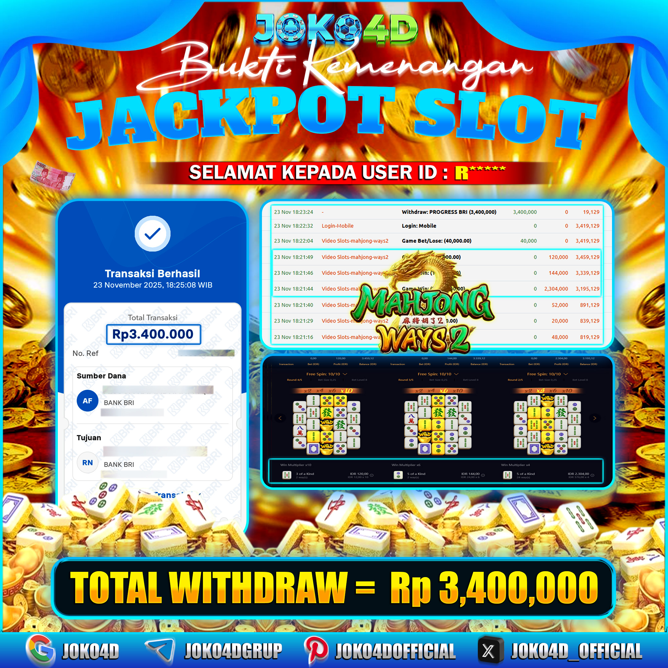 BUKTI KEMENANGAN SLOT GACOR JOKO4D MAHJONG WAYS 2 BANJIR SCATTER BRAYY  23   NOVEMBER 2025