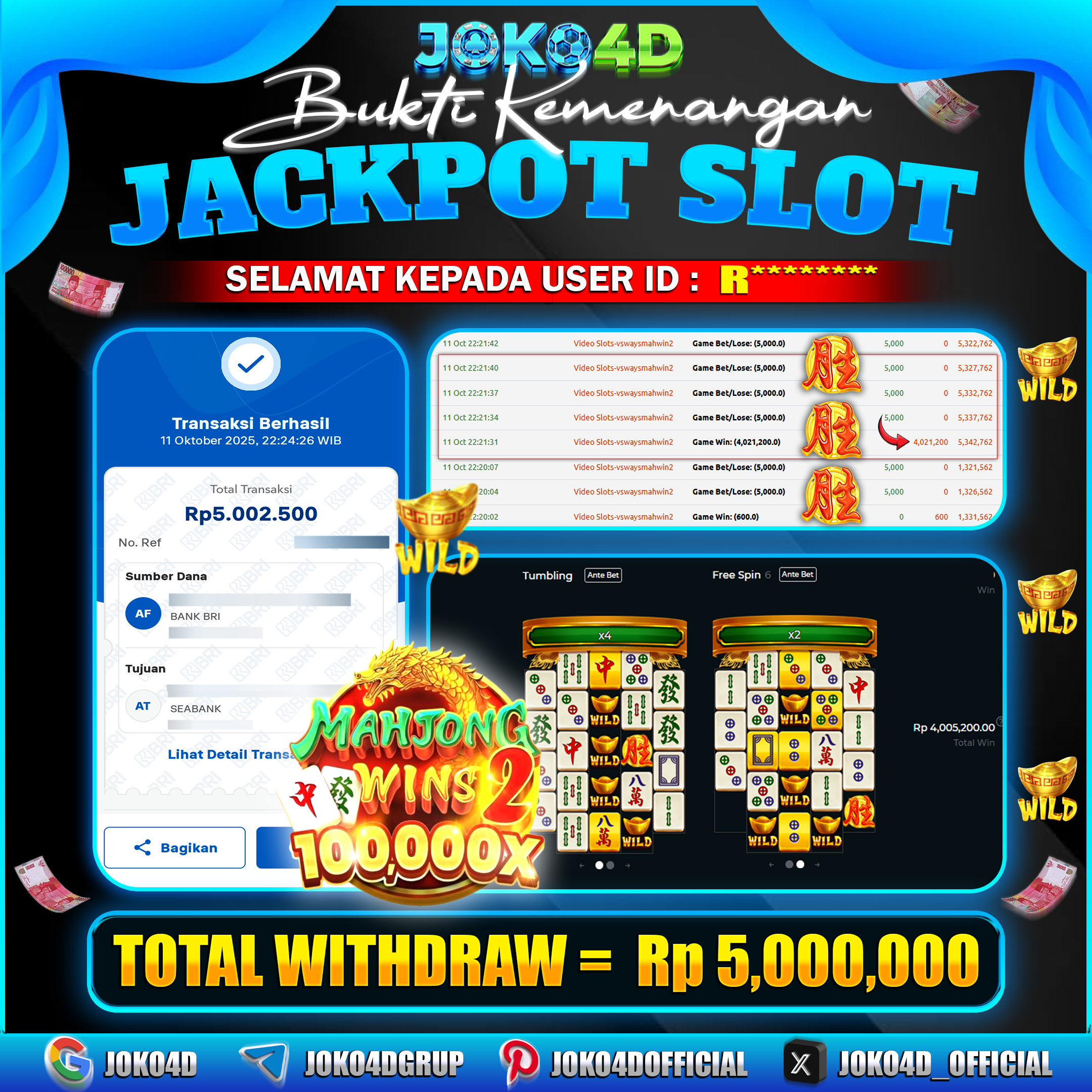 BUKTI KEMENANGAN SLOT GACOR JOKO4D MAHJONG WINS 2 100,000X BANJIR PERKALIAN BESAR TANPA AMPUN BRAYY  11 OKTOBER 2025