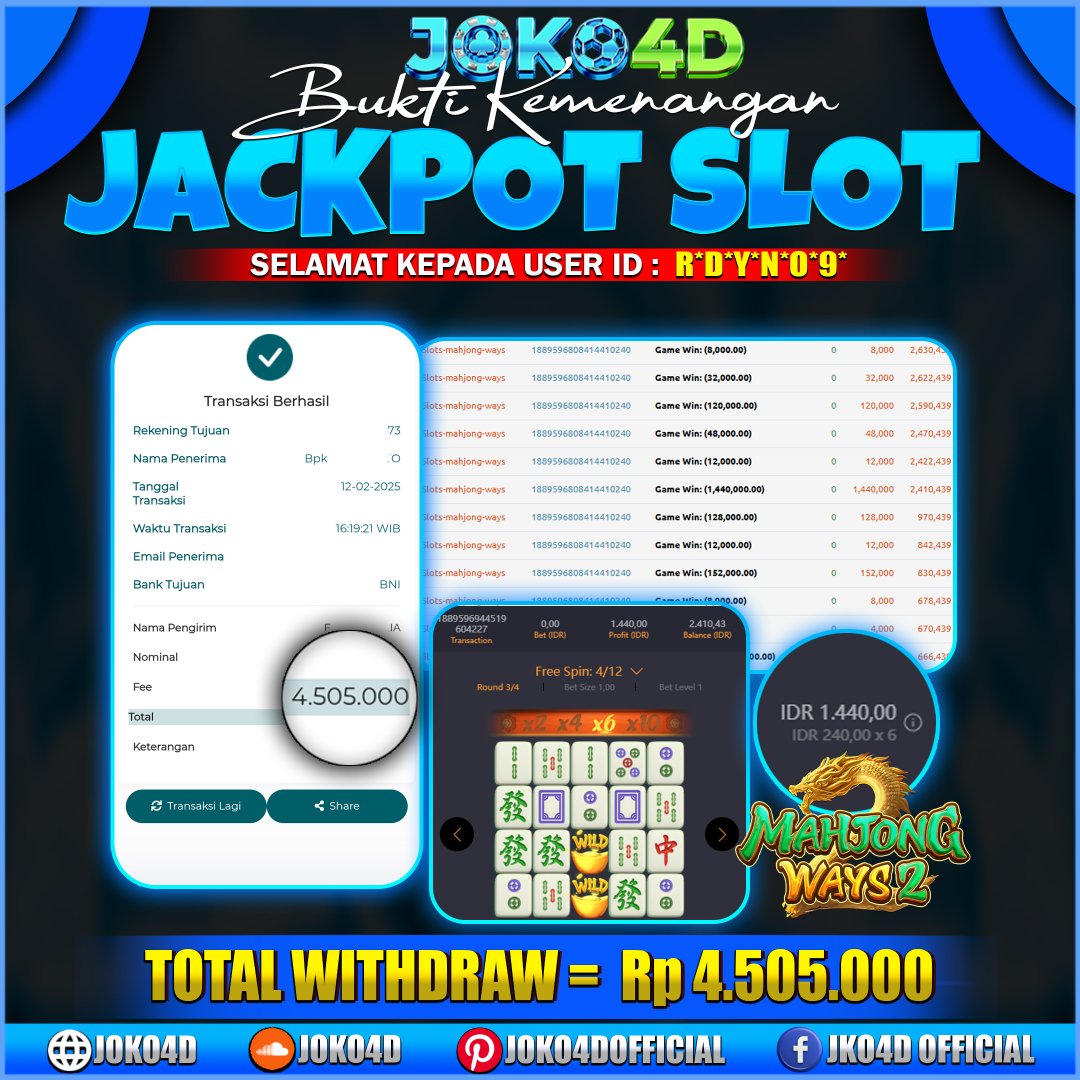 BUKTI KEMENANGAN SLOT GACOR JOKO4D MAHJONG BUKAN KOLAM SUSU TAPI KOLAM CUAN 12 FEBRUARI 2025