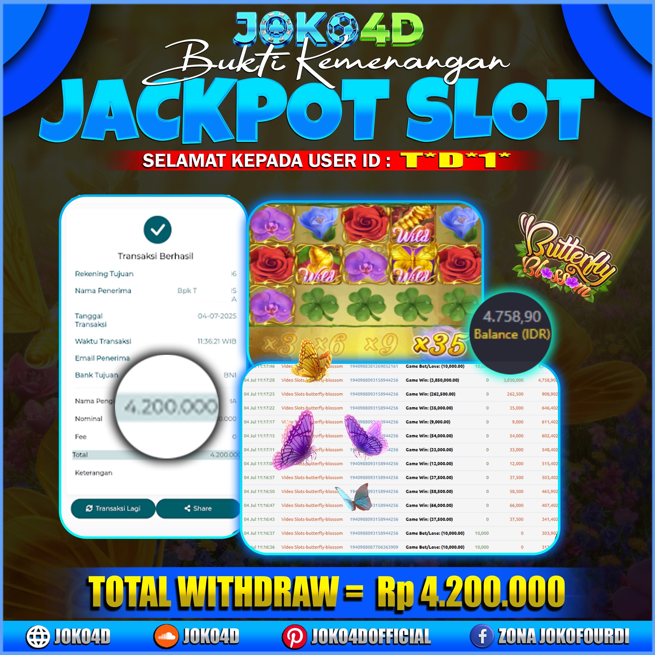 BUKTI JACKPOT SLOT GACOR JOKO4D BETTEEFLY BLOSSOM  MENANG LANGUNG LUNAS BRAY 04 JULY 2025