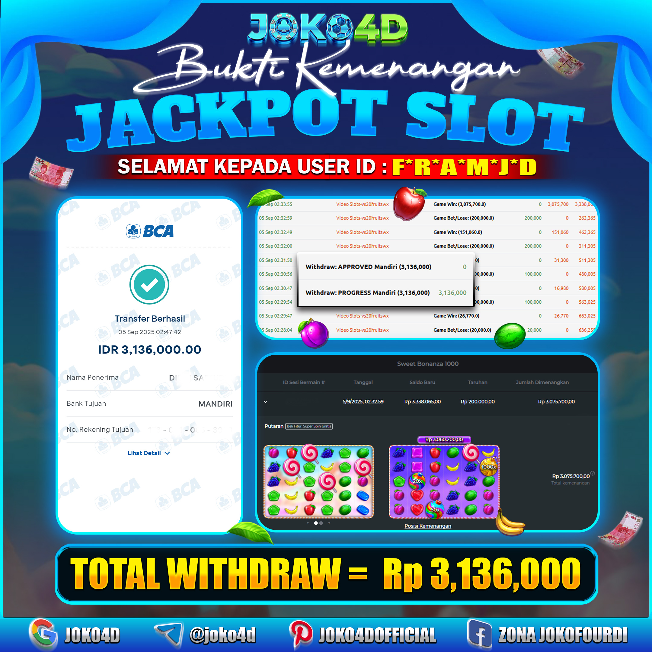 BUKTI KEMENANGAN CASINO GACOR JOKO4D SWEET BONANZA 1000 MELEDAK PERKALIAN BESAR COYYYY  05  SEPTEMBER  2025